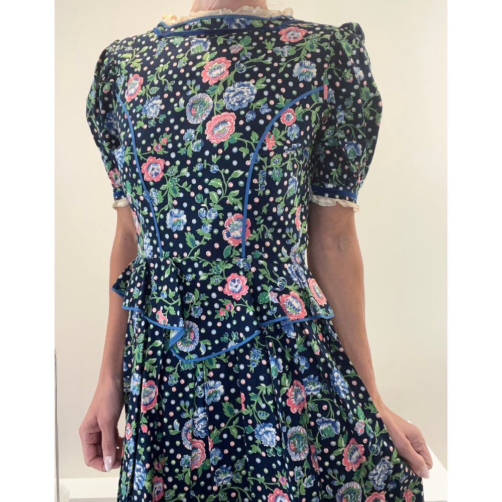 1980s Vintage Midi Dress Peplum Hem Black Polka Dot Floral Size Small JL
